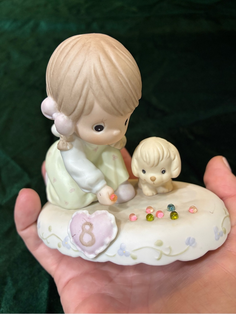 Precious Moments Girl 8th  Birthday  Feeding Puppy Figurine - Pink, Cream, Green